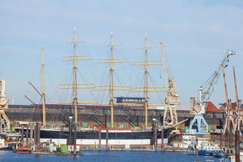 German Harbour Museum with four-masted barque Peking in the Hansa Harbour, Veddel, Hamburg, Germany