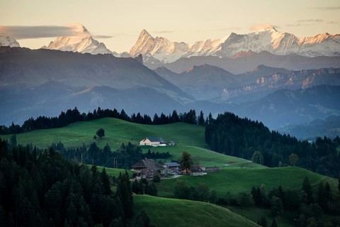Panorama, snow-covered mountains, Bernese Oberland, view from Lüderenalp, sunrise, Emmental, Canton