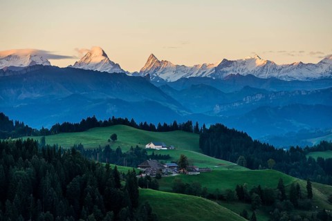 Panorama, snow-covered mountains, Bernese Oberland, view from Lüderenalp, sunrise, Emmental, Canton