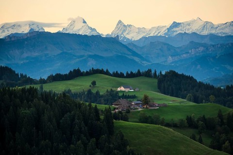 Panorama, snow-covered mountains, Bernese Oberland, view from Lüderenalp, sunrise, Emmental, Canton