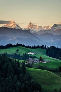 Panorama, snow-covered mountains, Bernese Oberland, view from Lüderenalp, sunrise, Emmental, Canton