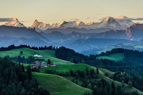Panorama, snow-covered mountains, Bernese Oberland, view from Lüderenalp, sunrise, Emmental, Canton