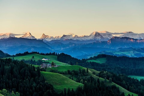 Panorama, snow-covered mountains, Bernese Oberland, view from Lüderenalp, sunrise, Emmental, Canton