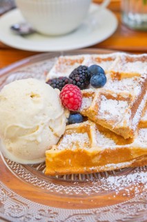 Waffles with icing sugar and berries next to a scoop of ice cream on a plate