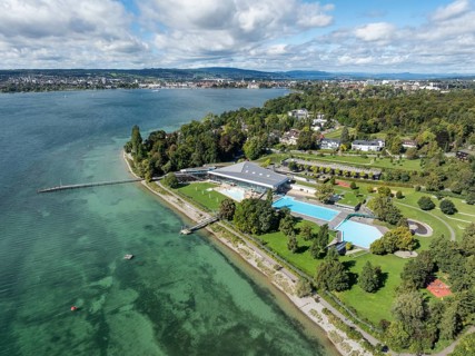 Aerial view of the Lake Constance-Therme, outdoor swimming pool in Constance, district
