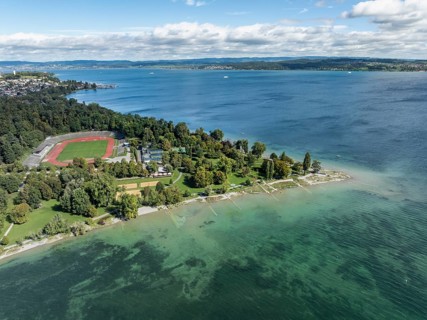 Aerial view of Lake Constance with the Horn lido and Lake Constance stadium, Constance district,