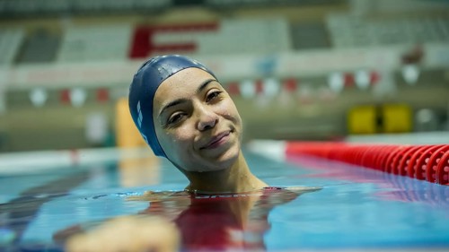 Turkish Paralympic champion swimmer Sevlay Öztürk trains in a swimming pool in Gaziantep, Türkiye,
