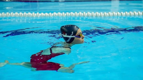 Turkish Paralympic champion swimmer Sevlay Öztürk trains in a swimming pool in Gaziantep, Türkiye,