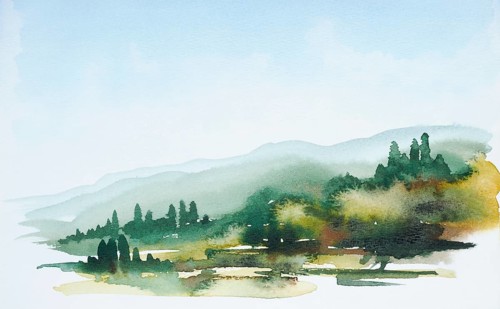 Watercolor painting showing a landscape in Tuscany at summer time