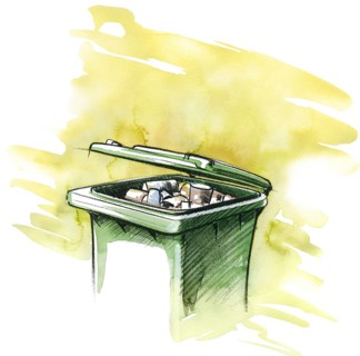 Watercolor and crayon illustration of a open green trash can