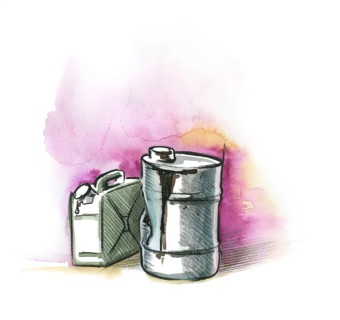 Watercolor and crayon illustration of a waste oil canister and barrel