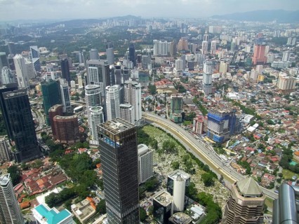 High angle aerial view around Kuala Lumpur City Centre in Malaysia