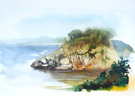 Watercolor painting showing a coastal landscape in Tuscany at summer time