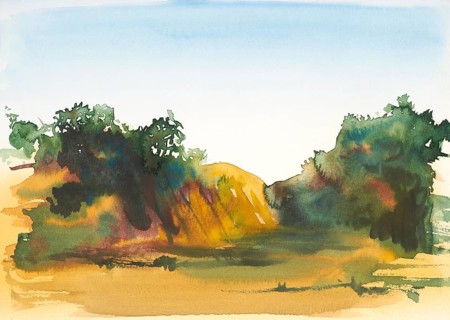 Watercolor painting showing a landscape in Tuscany at summer time