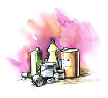 Watercolor and crayon illustration showing bottles and cans with problematic substances