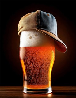 AI generated closeup image showing a glass of beer with baseball cap on its top