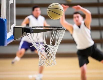 AI generated image showing a basketball scenery with basketball and hoop closeup