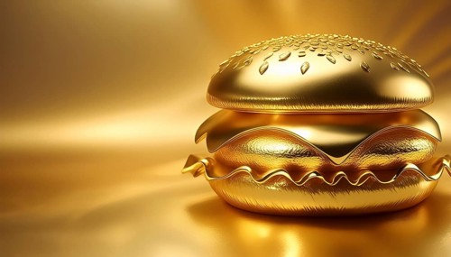 AI generated image showing a golden burger in shiny golden ambiance