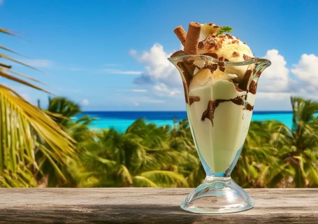 Ice cream sundae with chocolate flakes in sunny tropical ambiance, AI generated image