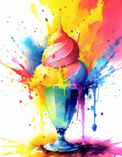 Sweet consumption theme showing a bowl of ice cream in multicolored vibrant splashy ambiance. AI