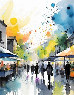 AI generated lifestyle theme showing an urban street market scenery with lots of people in