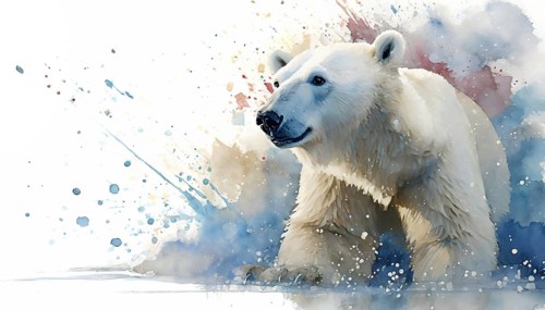 Animal and wildlife theme showing a polar bear in vibrant splashy ambiance. AI generated image with