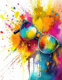Eyewear and vision theme showing a pair of glasses in multicolored vibrant splashy ambiance. AI