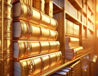AI generated image showing some stacked golden books and others in golden ambiance