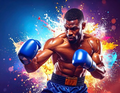 Boxer in flashy ambiance. AI illustration with colorful light effects and fiery liquid splashes, AI