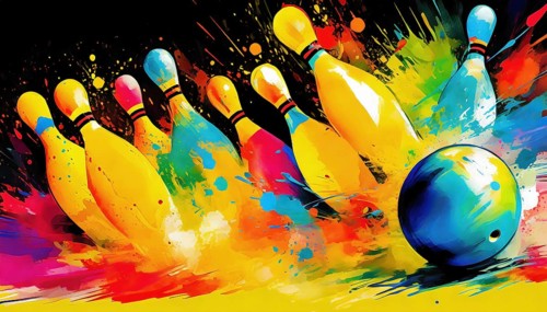Bowling theme showing a bowling ball and some pins in multicolored vibrant splashy ambiance. AI