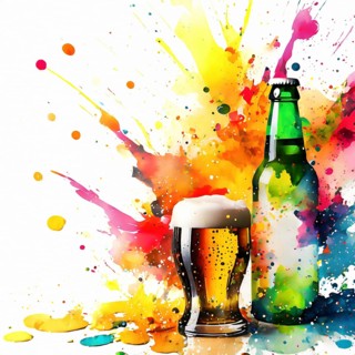 Consumption theme showing a beer glass and bottle in multicolored vibrant splashy ambiance. AI