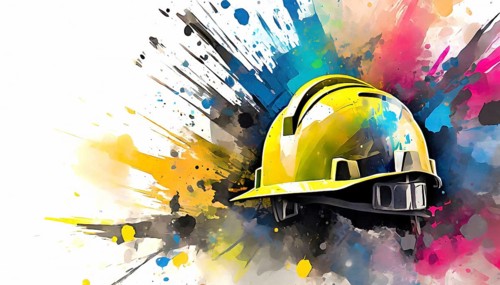 Construction theme showing a yellow hard hat in multicolored vibrant splashy ambiance. AI generated