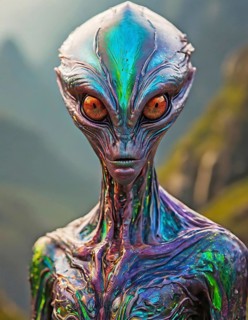 AI generated image showing the portrait of a iridescent alien creature in blurry back