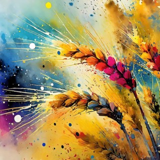 Food and agricultural theme showing some barley ears in multicolored vibrant splashy ambiance. AI