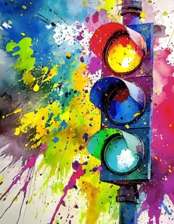 Traffic and signaling theme showing a traffic light in multicolored vibrant splashy ambiance. AI