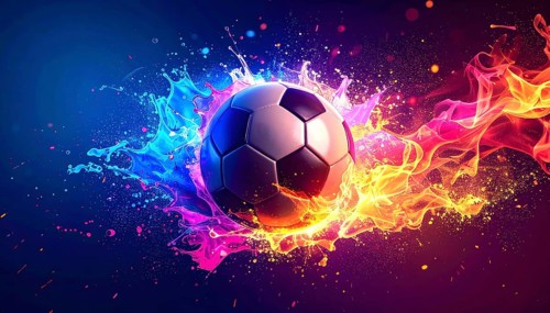 Football in flashy ambiance. AI illustration with light effects and fiery liquid splashes, AI