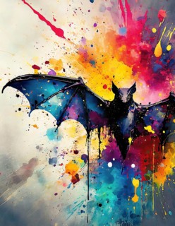 Animal and Halloween theme showing a flying bat in multicolored vibrant splashy ambiance. AI