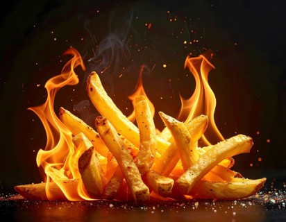 AI generated image showing flaming french fries in dark ambiance