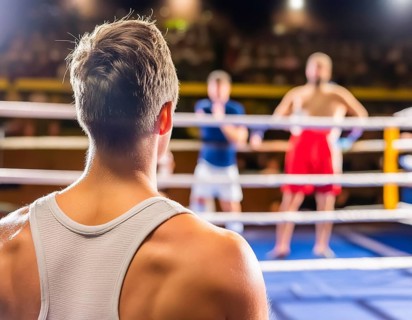 AI generated image showing a boxing scenery with fighters and boxing ring