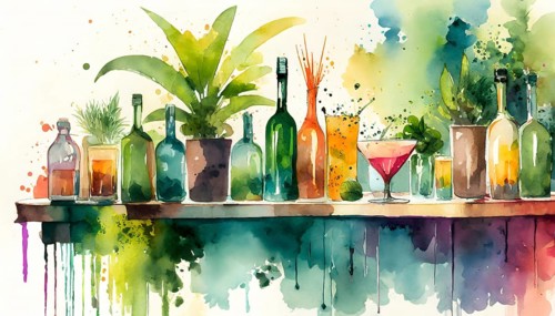 AI generated image showing lots of cocktails, bottles and plants on a board, watercolor style with