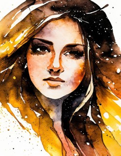 AI generated image showing the portrait of a young woman, watercolor style with splashes and spots