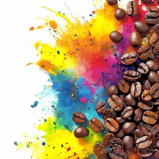 Consumption theme showing coffee beans in multicolored vibrant splashy ambiance. AI generated image