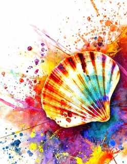 Symbolic theme showing a great scallop shell in multicolored vibrant splashy ambiance. AI generated