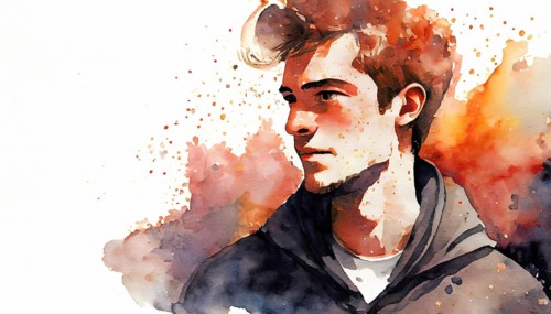 AI generated image showing the portrait of a young man in light back, watercolor style with