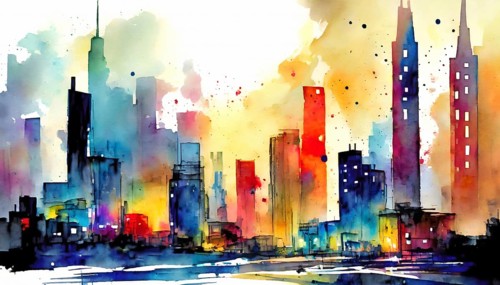 AI generated image showing the colorful illuminated skyline and some houses of a big city,