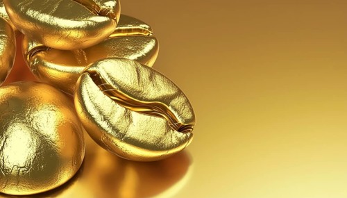 AI generated image showing golden coffee beans in shiny ambiance
