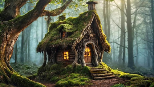 AI generated image showing a dense foggy forest including a mossy overgrown witch house