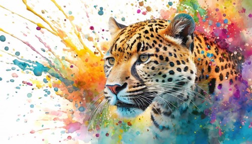 Safari and wildlife theme showing the portrait of a jaguar in multicolored vibrant splashy ambiance