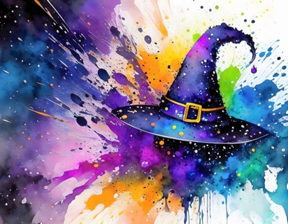 Magic and mystery theme showing a witch hat in multicolored vibrant splashy ambiance. AI generated