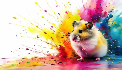 Pet and animal theme showing a hamster in multicolored vibrant splashy ambiance. AI generated image